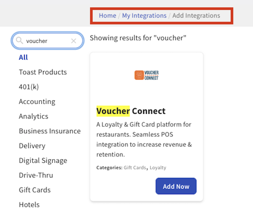 Search for Voucher Connect in the Toast App Marketplace